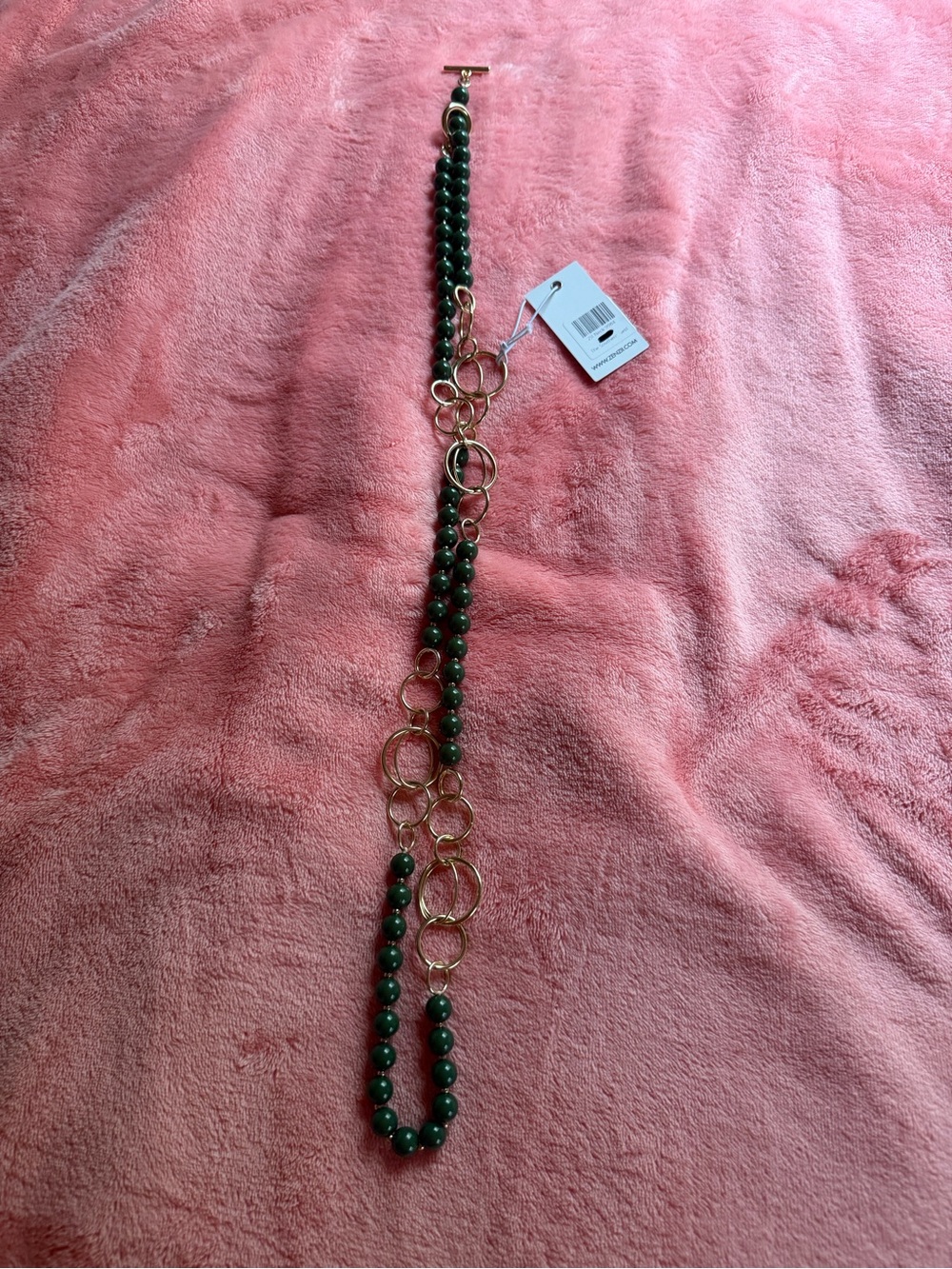 Gold Circle & Dark Green Bead Long Necklace
